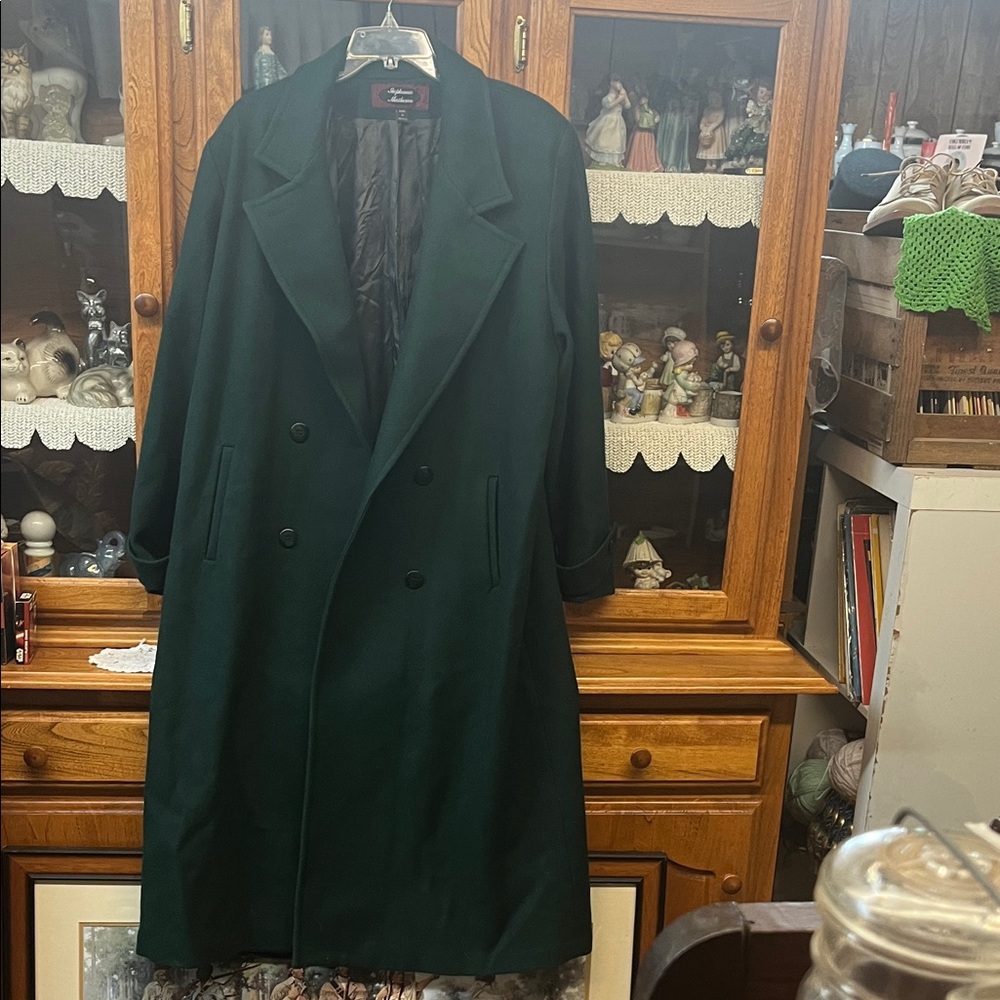 Chic Forest Green Double-Breasted Trench Coat - Picture 1 of 6